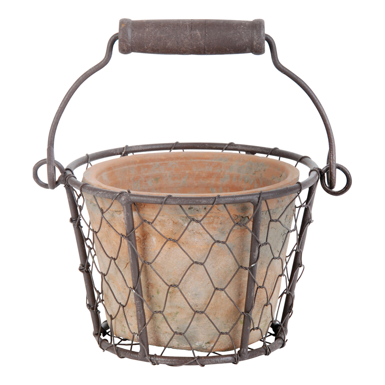 Aged Terracotta Pot in Wire Basket with Handle