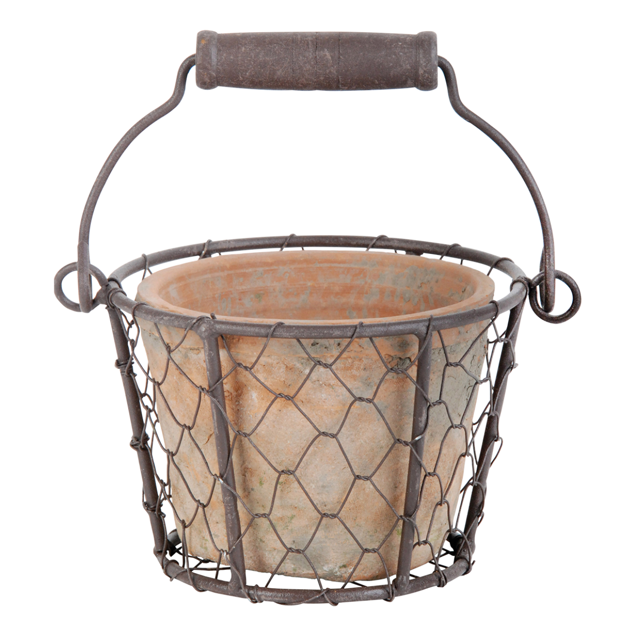 Aged Terracotta AT Pot in Wire Basket w/ Handle
