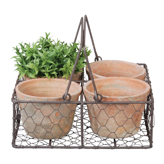 Aged Terracotta 4 Pots in Wire Basket w/ Handle