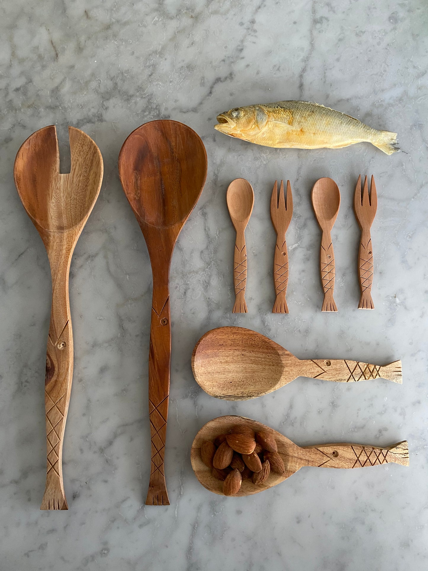 Mahogany Condiment Set Fish Engraved