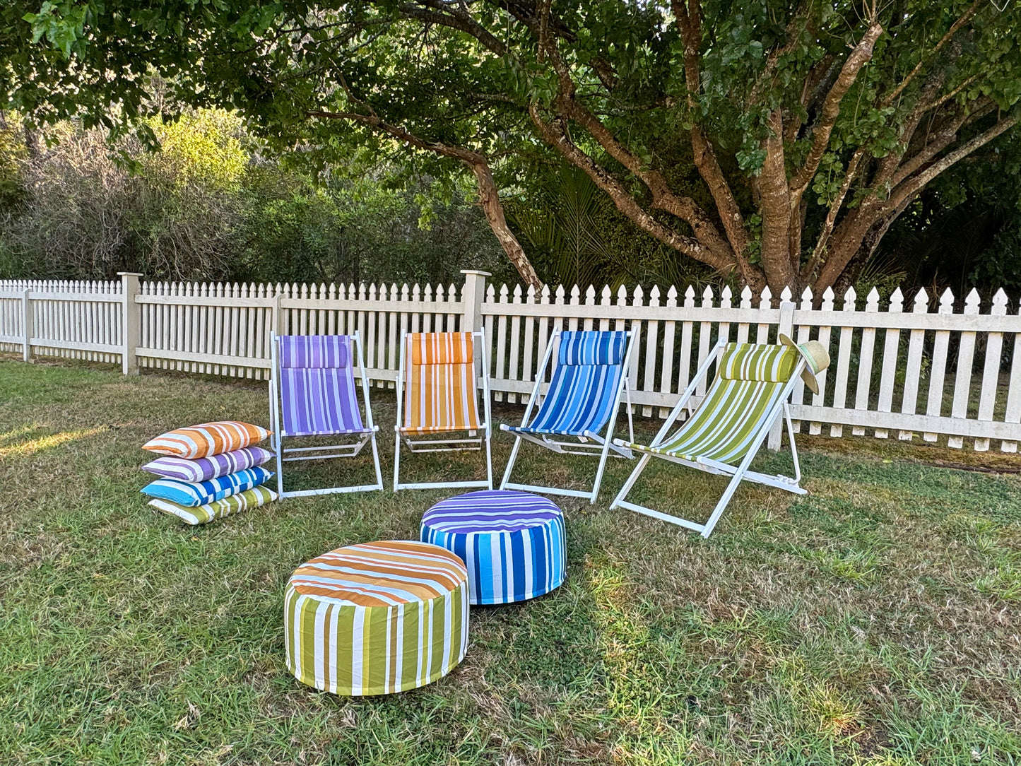 Striped Outdoor Pouffe Blue 54x27cm