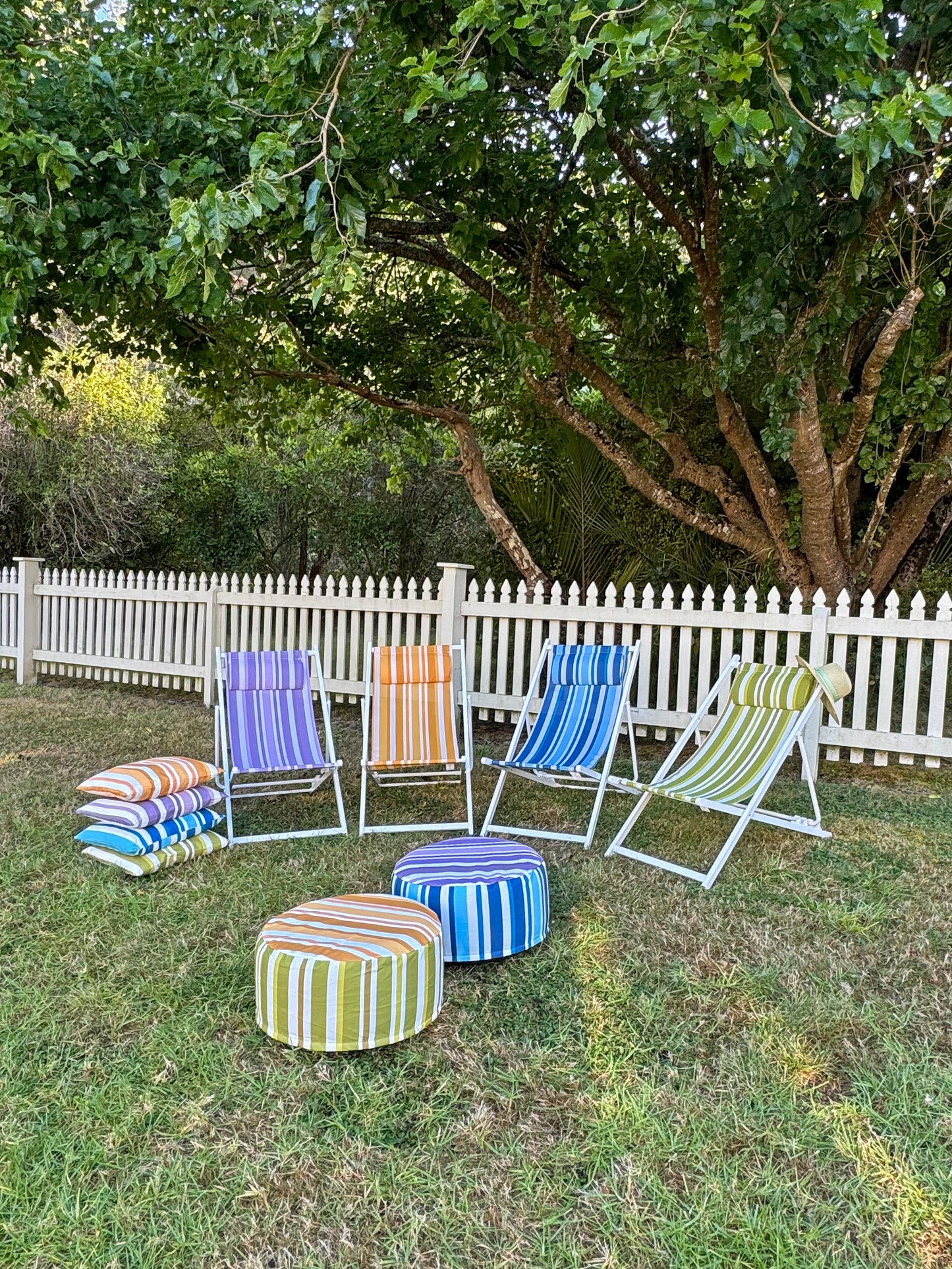 Striped Outdoor Pouffe Blue 54x27cm