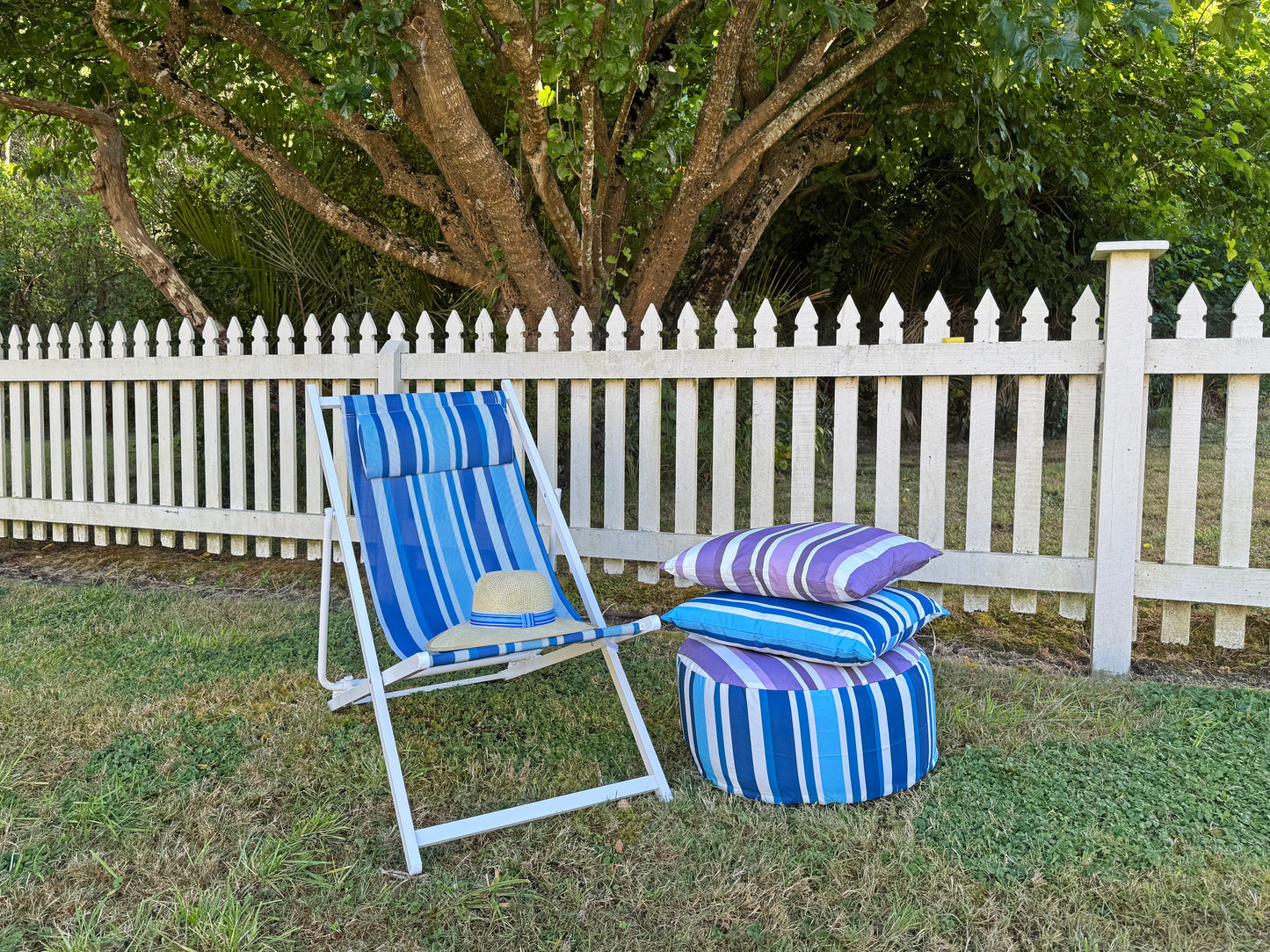 Striped Outdoor Pouffe Blue 54x27cm