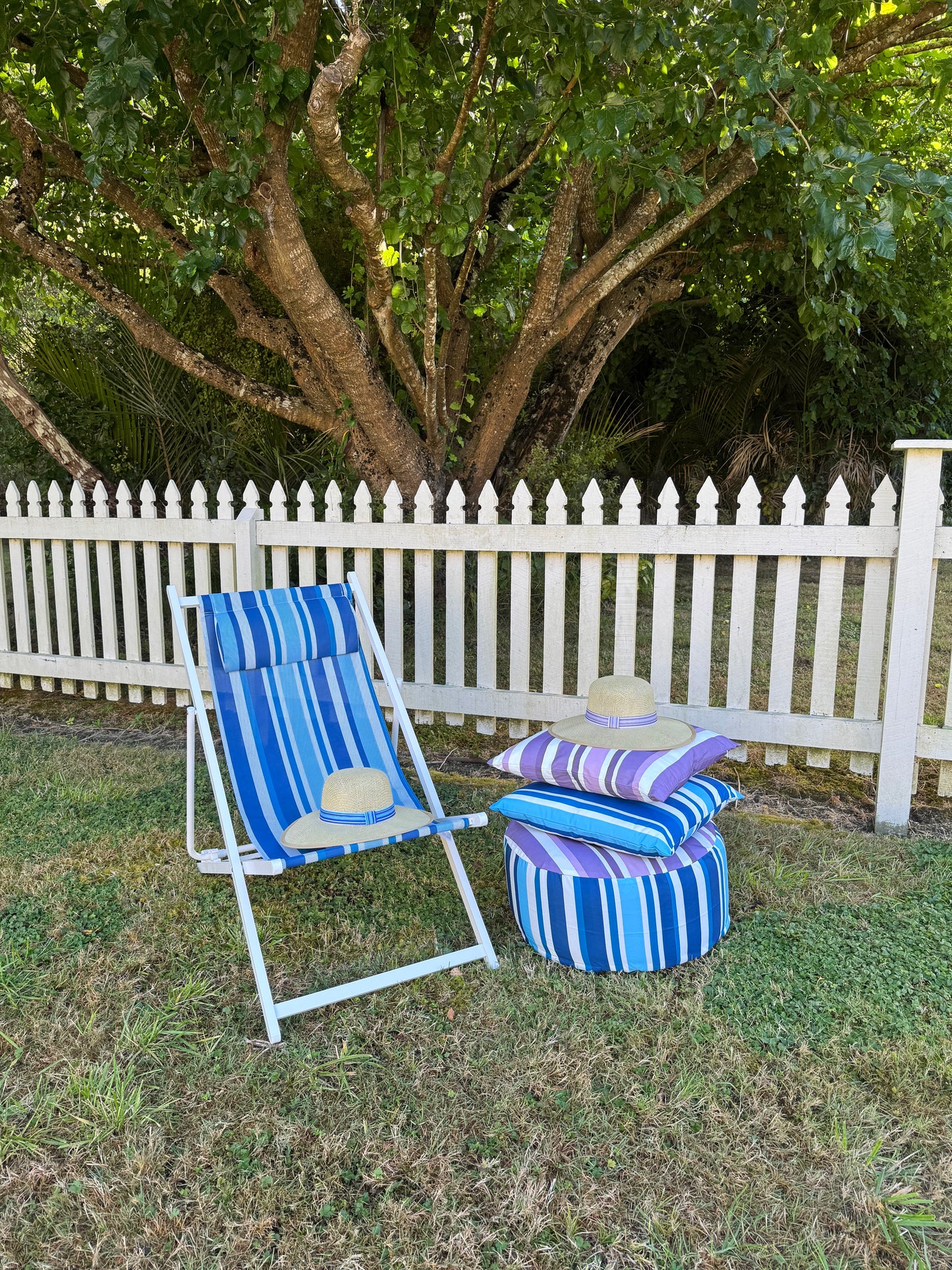 Striped Outdoor Pouffe Blue 54x27cm