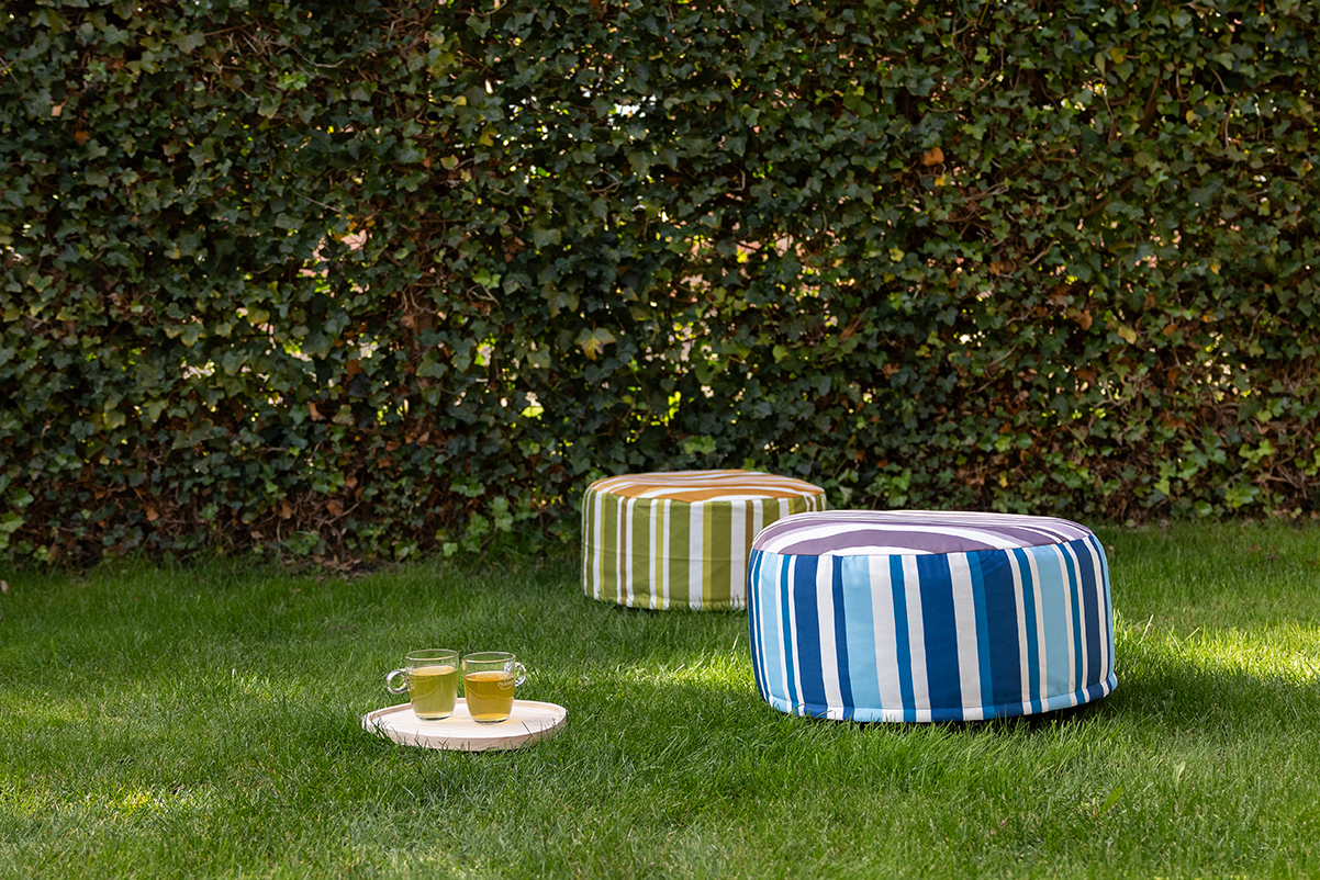 Striped Outdoor Pouffe Blue 54x27cm