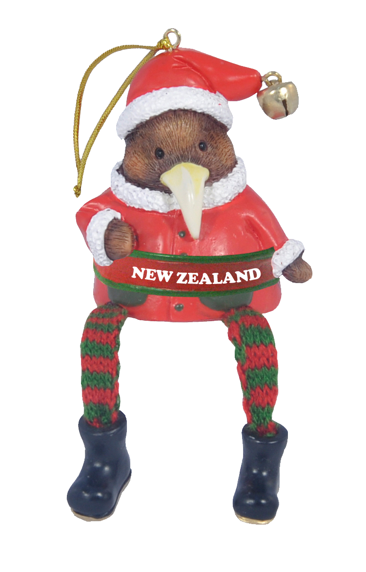Hanging Xmas Kiwi with 'New Zealand' Decoration - Dangling Legs