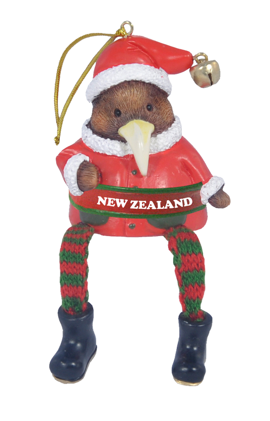 Hanging Xmas Kiwi with 'New Zealand' Decoration - Dangling Legs